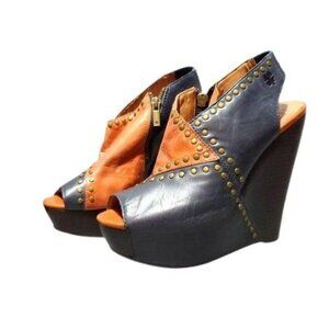 90s Y2k Lucky Brand Platform Ramada Patchwork Stud Peep Toe Wedges Size 7.5